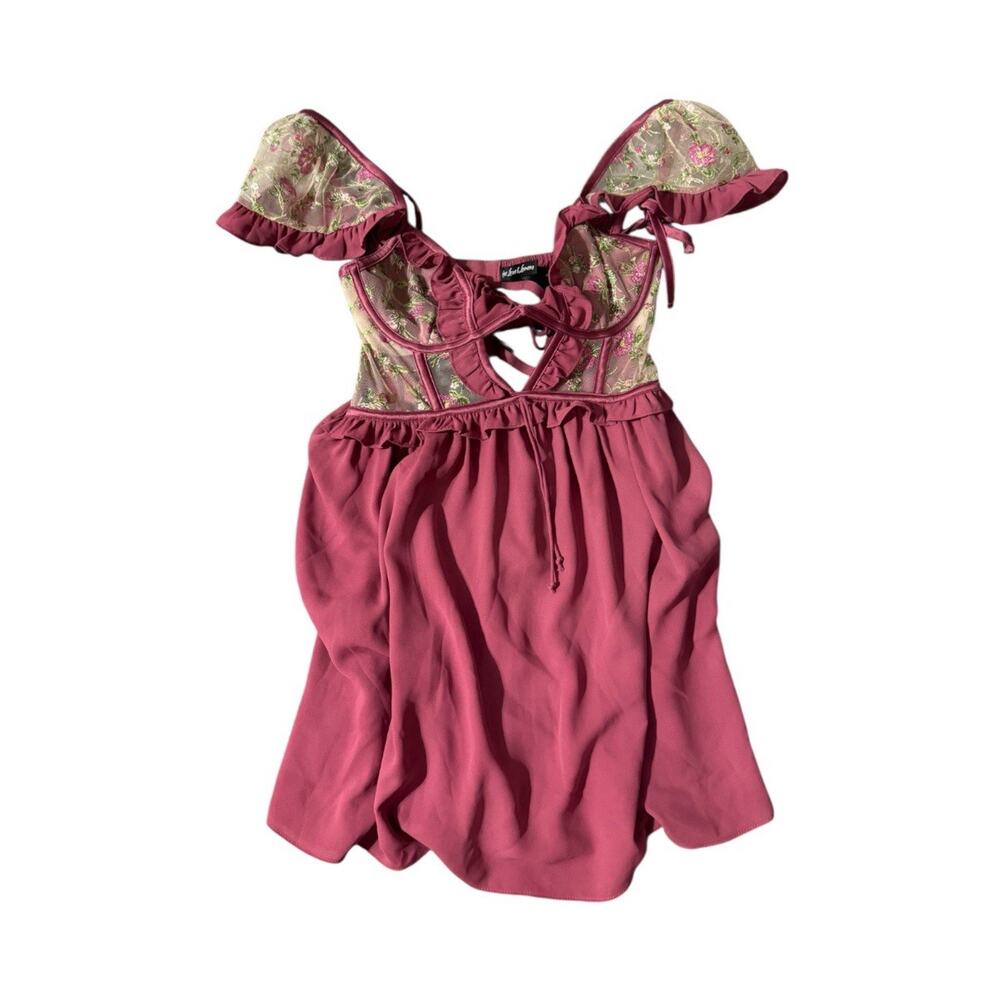 For Love & Lemons S maroon Lace flower Embroidered camilla sleeved slip dress